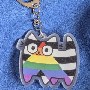 Może przedstawiać: Przezroczysty akrylowy brelok do kluczy z motywem kreskówkowego kota. Kot ma czarno-białe paski i tęczowy trójkąt na piersi. Brelok ma srebrne zapięcie.