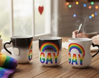 Set of 4 Heat Reactive Heart Mug, Rainbow LGBT Pride Ceramic Cup, Gay Friendly Gift