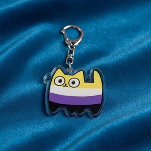 May include: A clear acrylic cat-shaped keyring featuring the non-binary pride flag. The cat design incorporates yellow, white, purple, and black colours. It has two large black eyes and a silver keyring.
