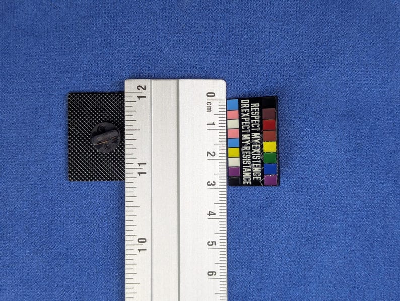 May include: A rectangular enamel pin with the text "RESPECT MY EXISTENCE OR EXPECT MY RESISTANCE" in white on a black background. The pin is next to a ruler showing its size. The pin is approximately 1 inch in length.