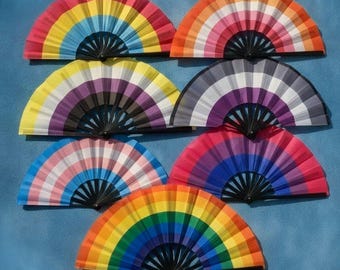 Progress Pride Giant Folding Fan, Rainbow Activist Accessory, Plastic & Fabric Drag Clack Fan