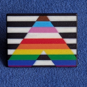May include: A rectangular pin with a black and white striped background. A colorful triangle is centered on the pin, featuring a rainbow gradient with brown, blue, pink, red, orange, yellow, and green stripes. The pin is set against a blue background.