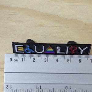 May include: A black enamel pin that reads "EQUALITY" with colorful symbols representing different communities. The pin is approximately 2.5 inches long and features a rainbow, a wheelchair symbol, and a raised fist.
