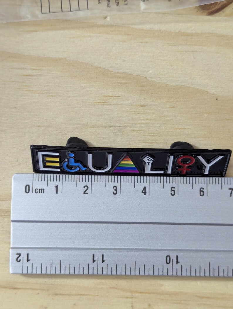 May include: A black enamel pin that reads "EQUALITY" with colorful symbols representing different communities. The pin is approximately 2.5 inches long and features a rainbow, a wheelchair symbol, and a raised fist.