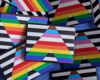 Rectangular Progress Pride flag enamel pin, LGBT ally button, inclusive trans support jewelry
