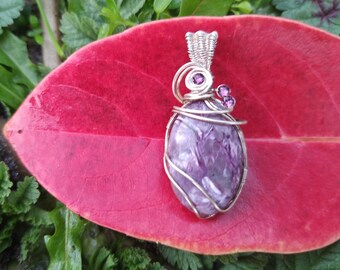 Pendant Charoite mineral crimp silver filigree 925
