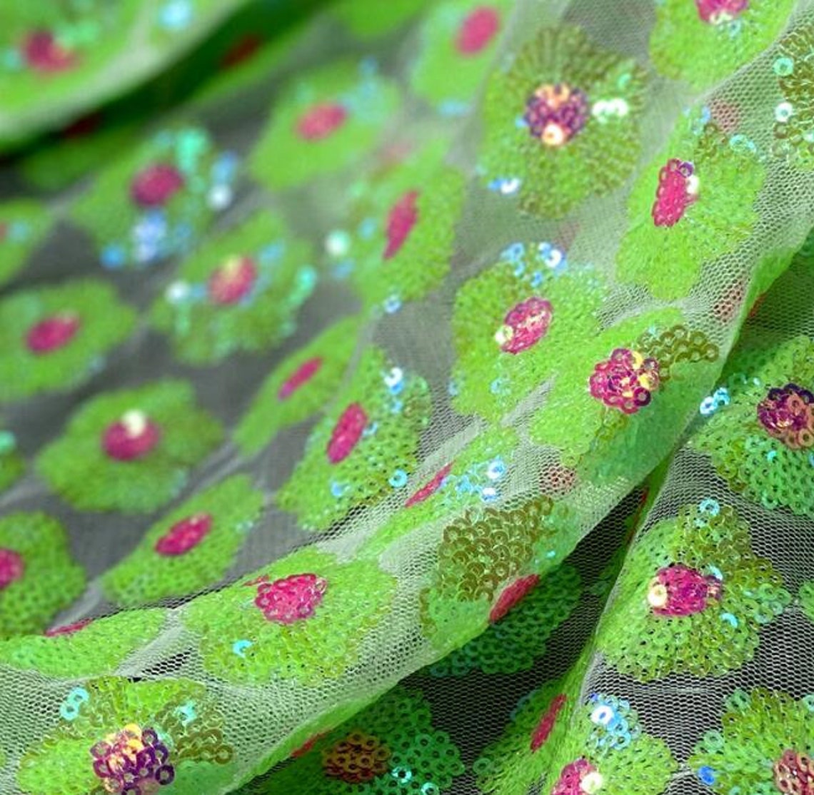 Grass green flower mesh fabric embroidered sequin mesh Etsy