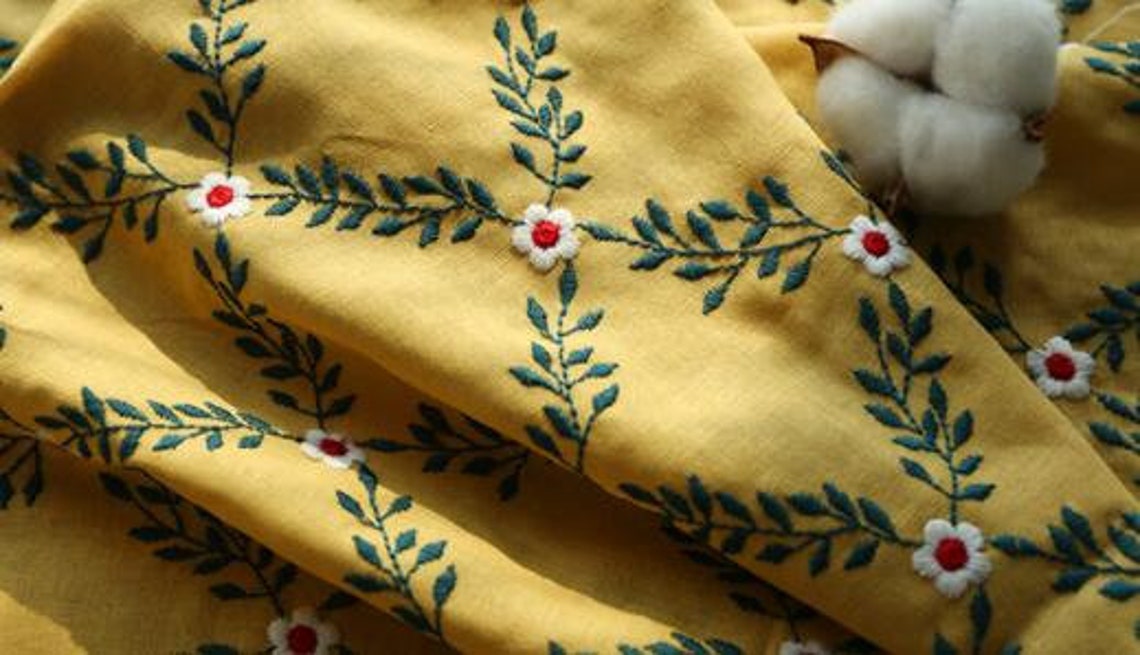 ON SALE Yellow Color Cotton Linen Fabric With Flower Etsy