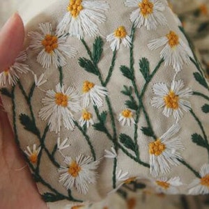 ON SALE, Retro style cotton linen fabric, embroided daisy fabric, linen color fabric, by the yard