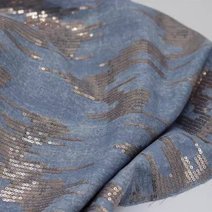 3 Color Navy blue/Light blue/black color embroidered sequin denim fabric, Sequin fabric, by the yard