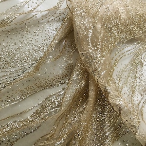 SALE, 4 Color Mesh Gold Glitter Fabric, Wedding Dress Fabric with Wave Style, Glitter Ironing Fabric, Gauze for Wedding-SHS