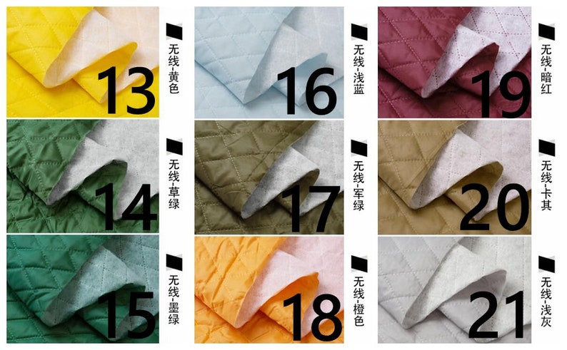Pode incluir: Nove amostras de tecido com cores e texturas diferentes. As amostras s&atilde;o numeradas de 13 a 21. As cores s&atilde;o: vermelho escuro, azul claro, verde escuro, verde claro, amarelo, laranja, marrom, cinza e branco.