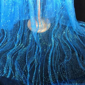 Blue color mesh fabric, glitter mesh fabric, shiny mesh fabric, wedding dress mesh, cosplay dress fabric
