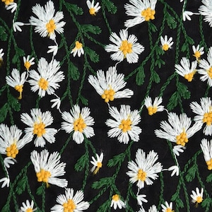 ON SALE, Black color cotton linen fabric with embroided daisy, by the yard