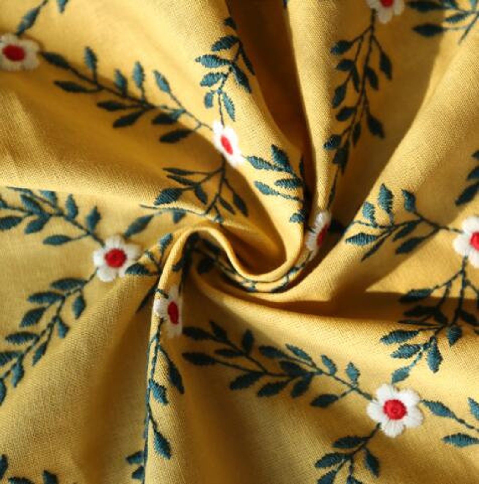 ON SALE Yellow Color Cotton Linen Fabric With Flower Etsy