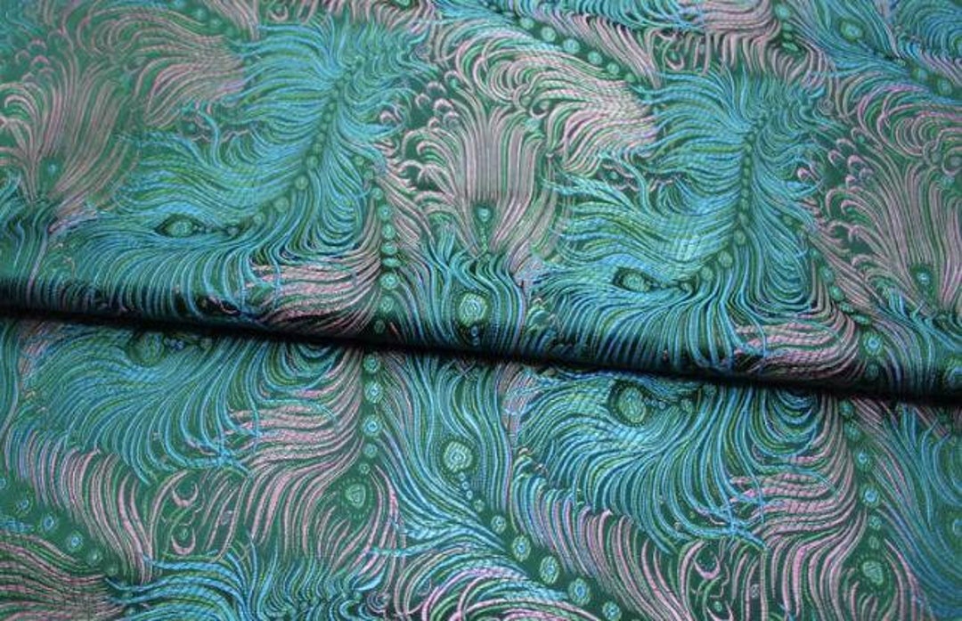 Image showcasing Peacock Green Color Brocade Fabric With Pink Peacock Feather Pattern ...