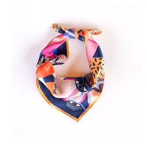 LUCKY EYES; colourful illustrated 100% satin silk foulard 55x55cm