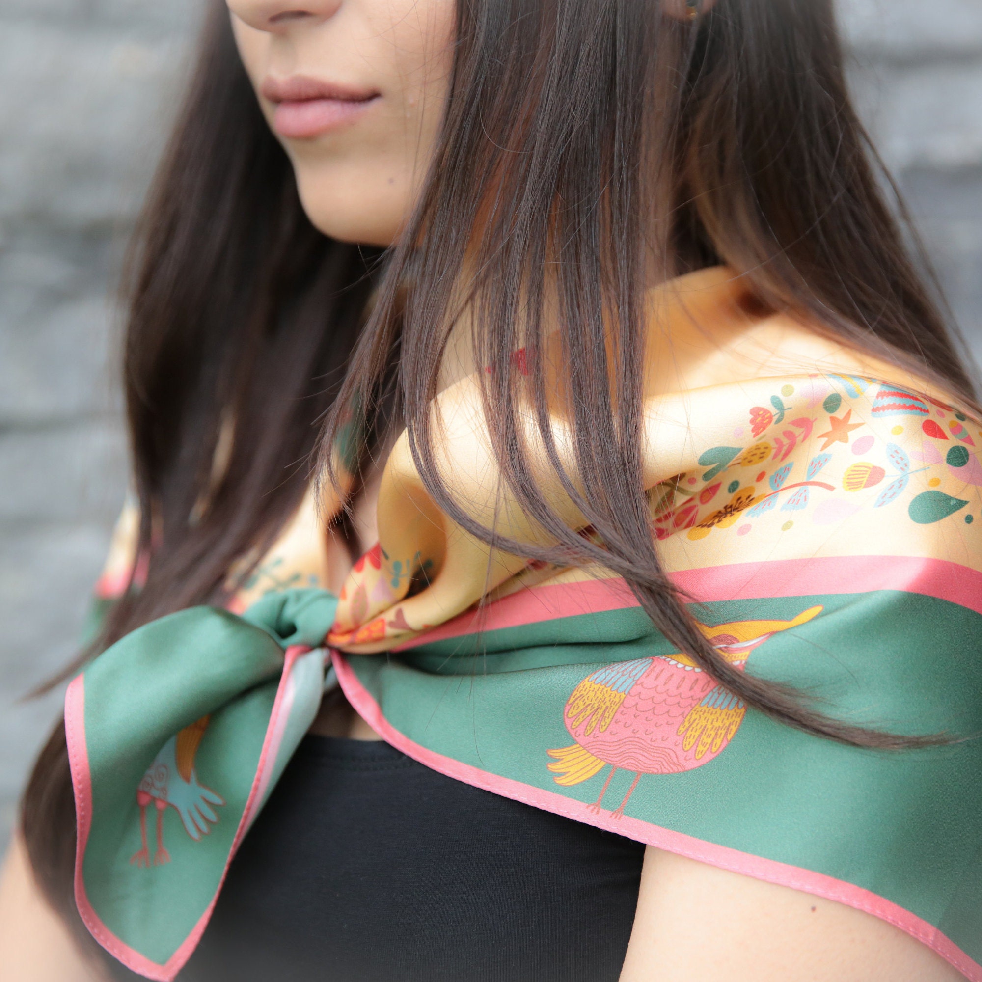 Orange Silk Scarf With Owls and Flowers Silk Scarf Gift Etsy