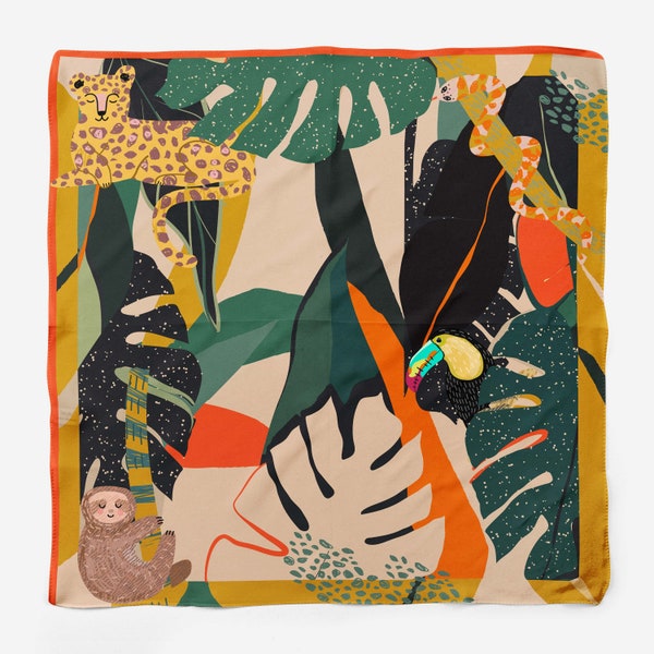 JUNGLE SEASON; illustrated 100% satin silk foulard 55x55 cm