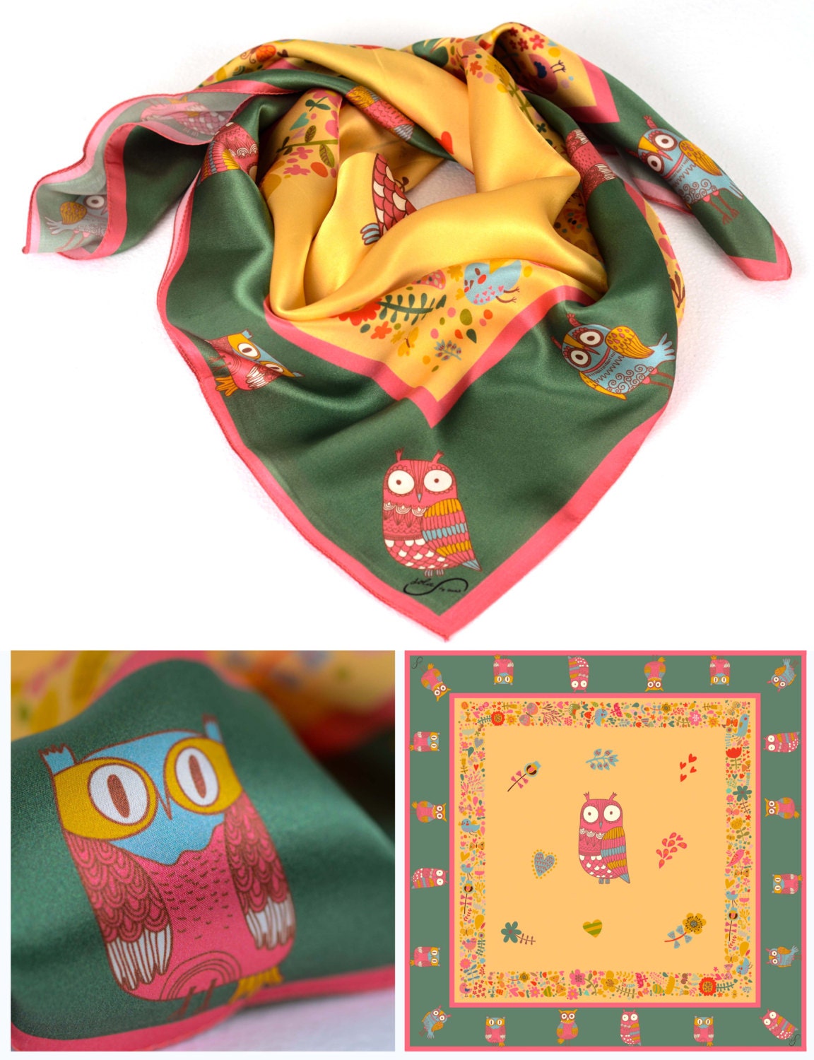 Orange Silk Scarf With Owls and Flowers Silk Scarf Gift Etsy