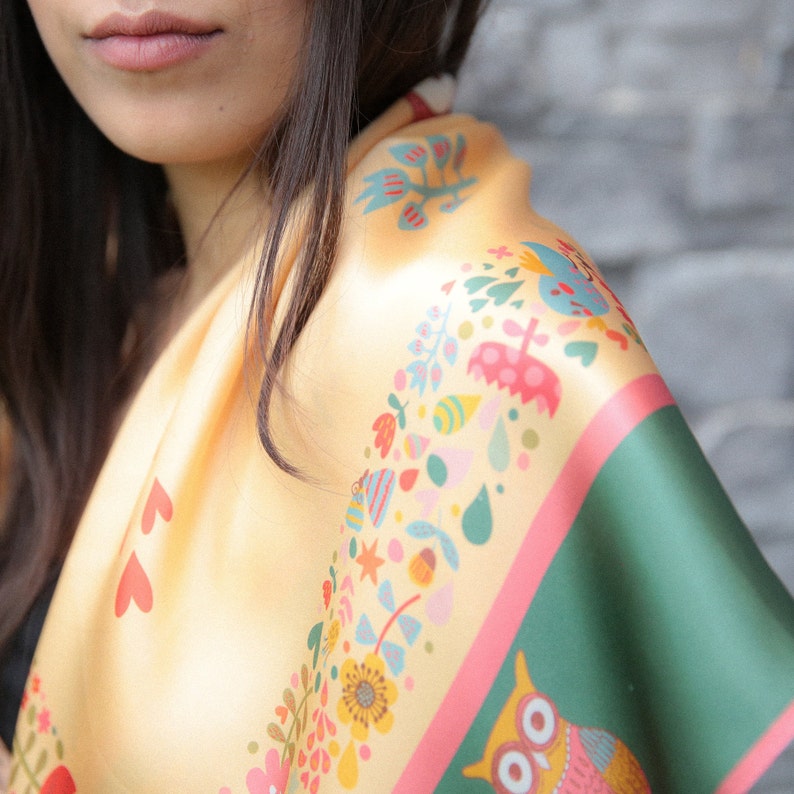 Orange Silk Scarf With Owls and Flowers Silk Scarf Gift Etsy