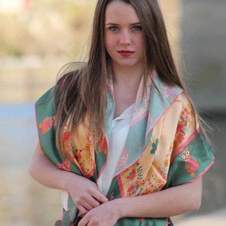 Orange Silk Scarf With Owls and Flowers Silk Scarf Gift Etsy