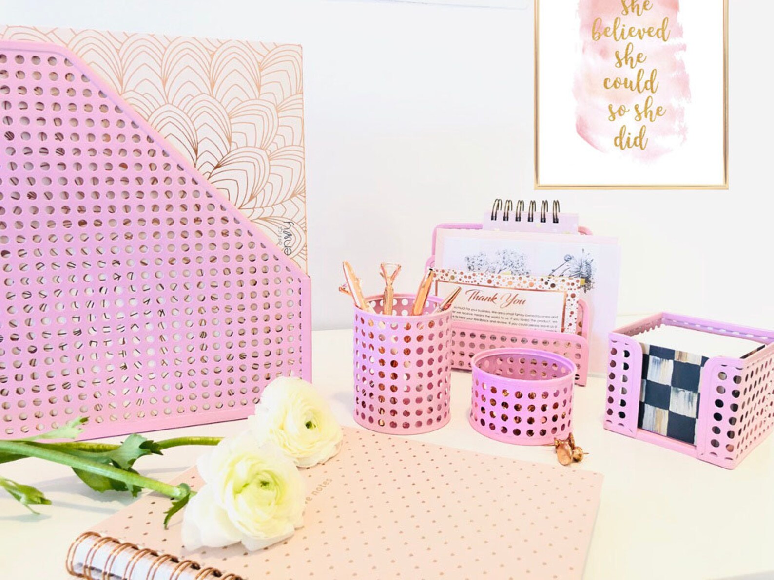 Pink Desk Organizer/ Desktop Office Desk Set of 5/ Desk Etsy