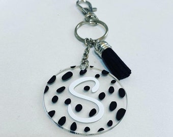 Dalmatian Print Initial Keychain,Keyring, Dalmatian Spots,dalmation,home,house keys, car keys,new home gift,on trend,bag tag,black,spot