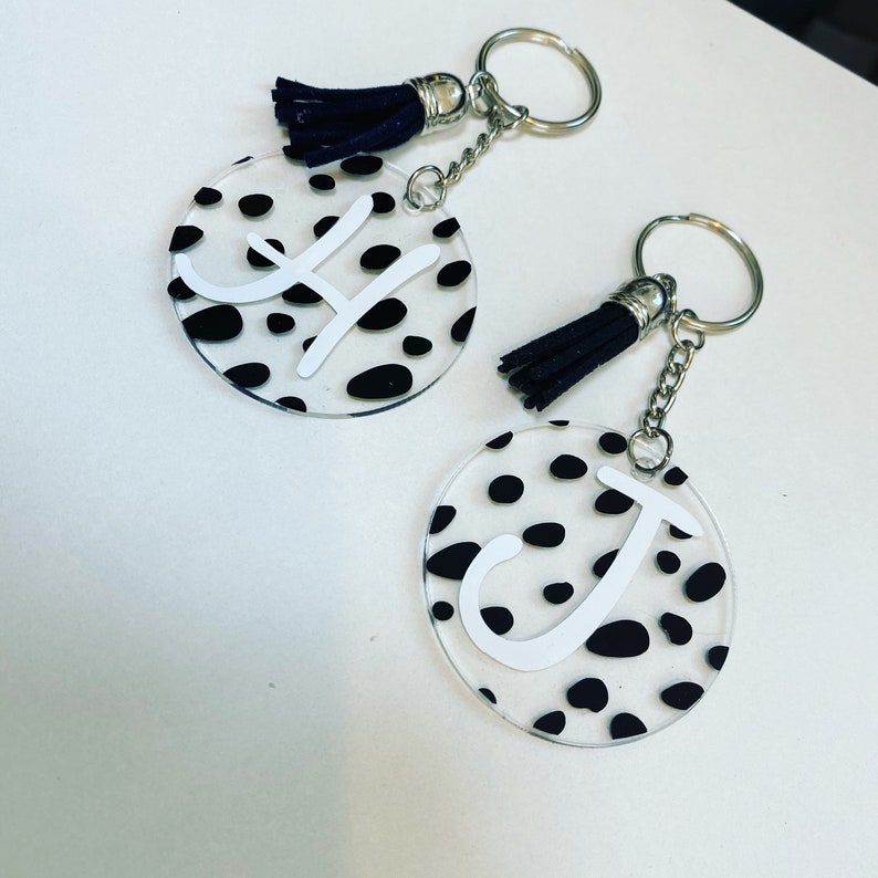 Dalmatian Print Initial Keychain,Keyring, Dalmatian Spots,dalmation,home,house keys, car keys,new home gift,on trend,bag tag,black,spot image 6