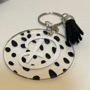 Dalmatian Print Initial Keychain,Keyring, Dalmatian Spots,dalmation,home,house keys, car keys,new home gift,on trend,bag tag,black,spot image 7