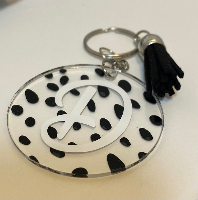 Dalmatian Print Initial Keychain,Keyring, Dalmatian Spots,dalmation,home,house keys, car keys,new home gift,on trend,bag tag,black,spot image 7