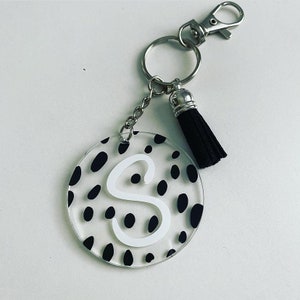 Dalmatian Print Initial Keychain,Keyring, Dalmatian Spots,dalmation,home,house keys, car keys,new home gift,on trend,bag tag,black,spot image 3