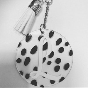 Dalmatian Print Initial Keychain,Keyring, Dalmatian Spots,dalmation,home,house keys, car keys,new home gift,on trend,bag tag,black,spot image 5