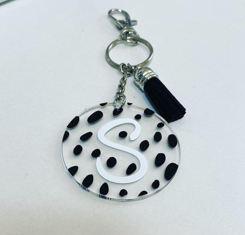 Dalmatian Print Initial Keychain,Keyring, Dalmatian Spots,dalmation,home,house keys, car keys,new home gift,on trend,bag tag,black,spot image 1