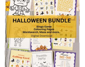 Peut inclure: Un ensemble de feuilles d'activités sur le thème d'Halloween, comprenant un labyrinthe, un bingo et des pages à colorier. L'ensemble présente diverses illustrations effrayantes et le texte "Halloween Bundle" et "Digital Download". Des citrouilles et d'autres éléments d'Halloween sont également visibles.