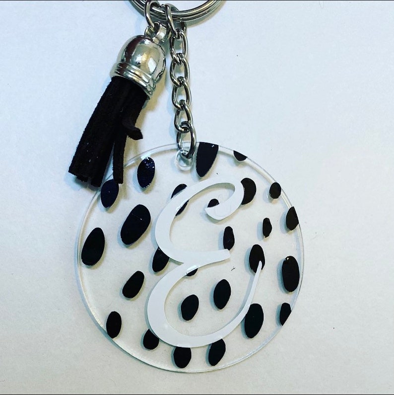 Dalmatian Print Initial Keychain,Keyring, Dalmatian Spots,dalmation,home,house keys, car keys,new home gift,on trend,bag tag,black,spot image 2