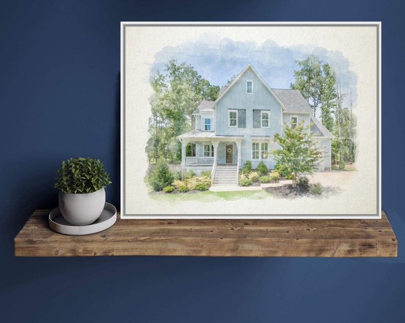 May include: Watercolor painting of a light blue house with a white front porch and a green lawn. The house has a white picket fence and a white door. There are trees in the background.