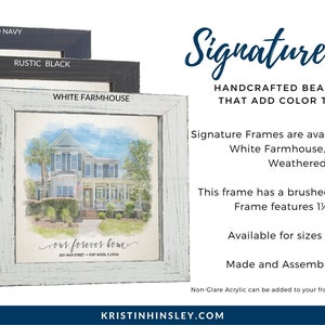 May include: Three wooden picture frames in weathered navy, rustic black, and white farmhouse colors. The frames feature a brushed distressed finish and 1 1/2 inch molding. The frames are available in sizes from 8x10 to 30x40 inches.  Made and assembled in the USA.