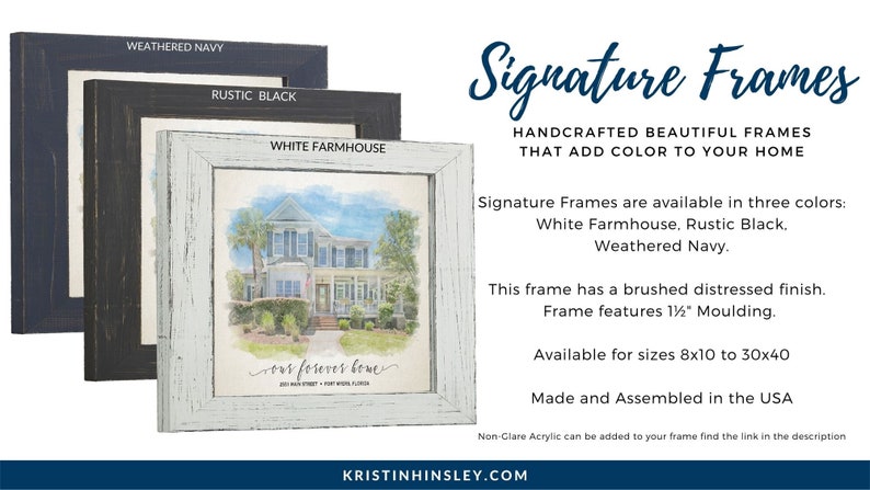 May include: Three wooden picture frames in weathered navy, rustic black, and white farmhouse colors. The frames feature a brushed distressed finish and 1 1/2 inch molding. The frames are available in sizes from 8x10 to 30x40 inches.  Made and assembled in the USA.