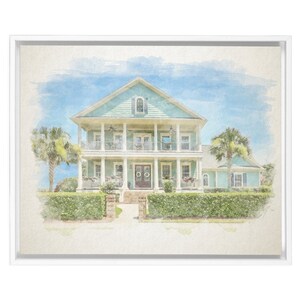 May include: Watercolor painting of a light blue two-story house with white columns and a white porch. The house has a green roof and white trim. There are two palm trees in the front yard and a lush green hedge.