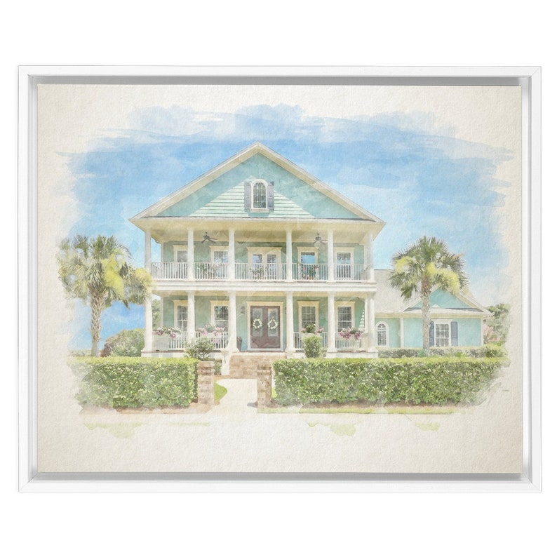 May include: Watercolor painting of a light blue two-story house with white columns and a white porch. The house has a green roof and white trim. There are two palm trees in the front yard and a lush green hedge.