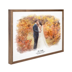 May include: A watercolor painting of a couple kissing in a fall forest. The painting is framed in a brown wood frame. The text "The Smiths" is written below the image, along with the date "October 18, 2019" and the location "Nashville, Tennessee".