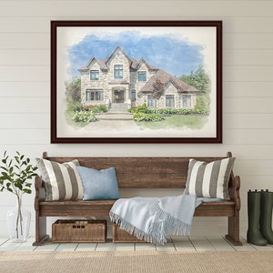 May include: A watercolor painting of a two-story house with a stone facade, a brown roof, and a front porch. The house is surrounded by green trees and bushes.