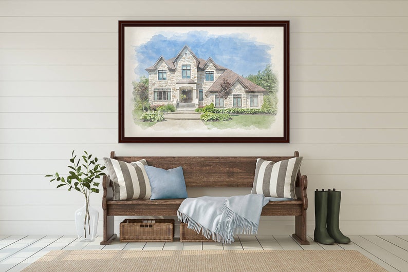 May include: A watercolor painting of a two-story house with a stone facade, a brown roof, and a front porch. The house is surrounded by green trees and bushes.