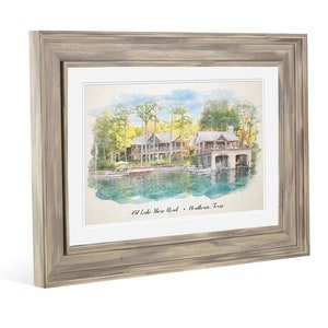May include: A watercolor painting of a large house on a lake with a boathouse. The house is surrounded by trees and the water is a light blue. The text "457 Lake Shore Road -  Boathouse Texas" is at the bottom of the painting.