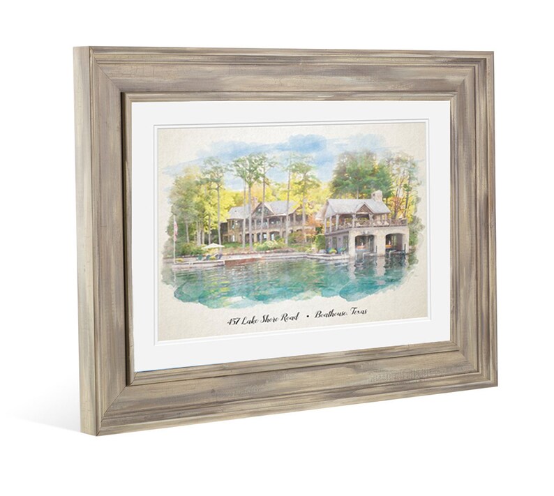 May include: A watercolor painting of a large house on a lake with a boathouse. The house is surrounded by trees and the water is a light blue. The text "457 Lake Shore Road -  Boathouse Texas" is at the bottom of the painting.