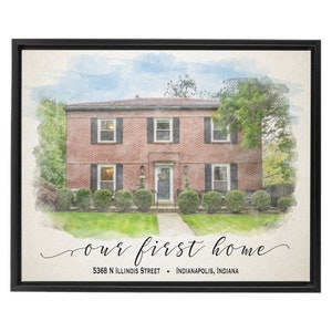 May include: A watercolor painting of a two-story brick house with a white door and a wreath. The house has a green lawn and bushes. The text "our first home" is written in cursive below the house, along with the address "5368 N ILLINOIS STREET - INDIANAPOLIS, INDIANA".