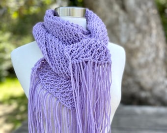 Light lilac handmade knitted scarf, Gift for sister, Long comfy wrap, Super soft knitted scarves with fringe, Hand kit long wedding scarf,