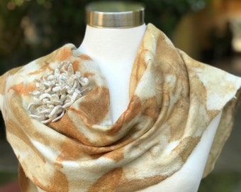 Merino Wool Felted Scarf with Botanical Printing for Women, Eco Natural Dyed Scarf, Scarf for Wedding with Leaves.