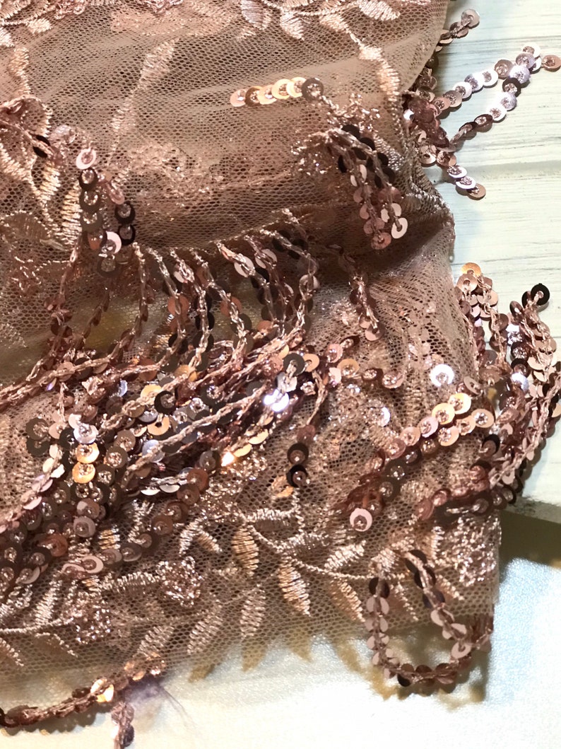 Rose Floral Swirls Sequins On Mesh Lace Fabric By The Yard Used For -Dress-Bridal-Decorations [Nude main image 1